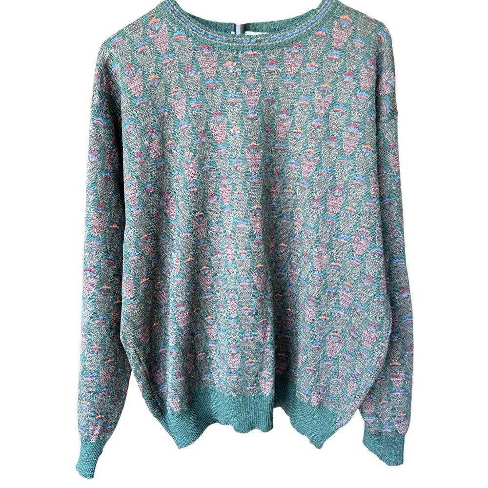 Vintage Tricots St. Raphael Wool Grandpa Sweater Dark Green Geometric XL
